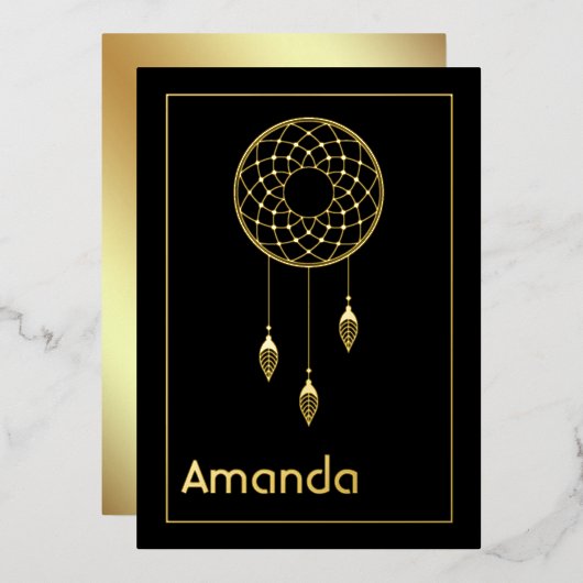 ブラック&金ゴールド先住民アメリカンドリームキャッチャー誕生日 箔シーズンカード (正面/裏面)