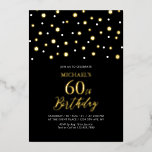 ブラック&金ゴールド六角紙吹雪60th誕生日パーティー 箔招待状<br><div class="desc">この祝大人のバースデーパスタイリッシューティフォイルの招待で特別な日。このデザインは、シックな金ゴールドフォイル文字"60thバースデーパーティー"を備え、六角形紙吹雪の背景。私のショップBaraBomDesignでは、より多くのデザインやパーティーの供給が利用可能である。</div>