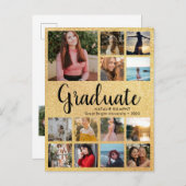 ブラック&金ゴールド卒業生14フォトコラージュ卒業 案内ポストカード (正面/裏面)