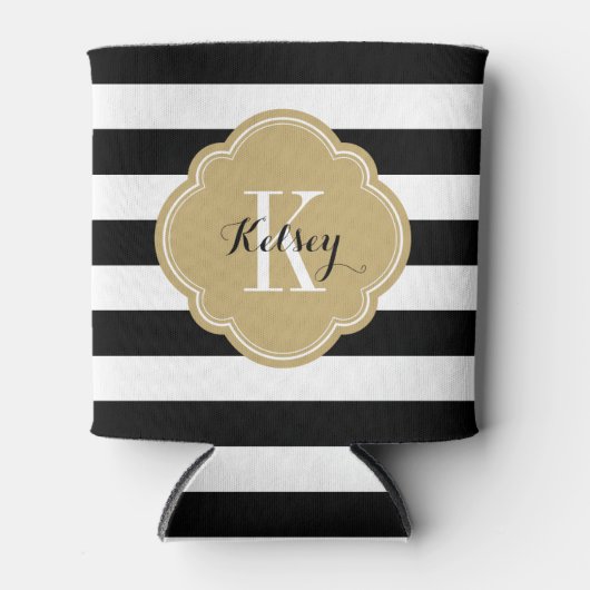 ブラック&金ゴールド名門私立校風のズストライプモノグラム 缶クーラー (正面)