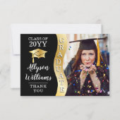 ブラック |金ゴールド大学院生Wave Grad Cap写真 サンキューカード (正面)