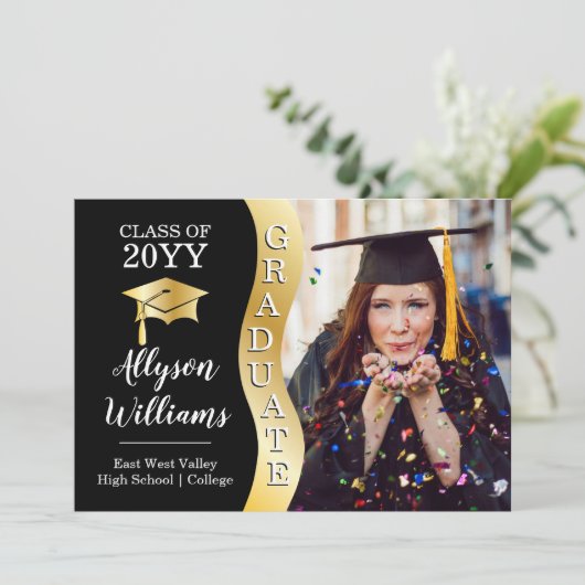 ブラック |金ゴールド大学院生Wave Grad Cap写真 案内状 (スタンド正面)
