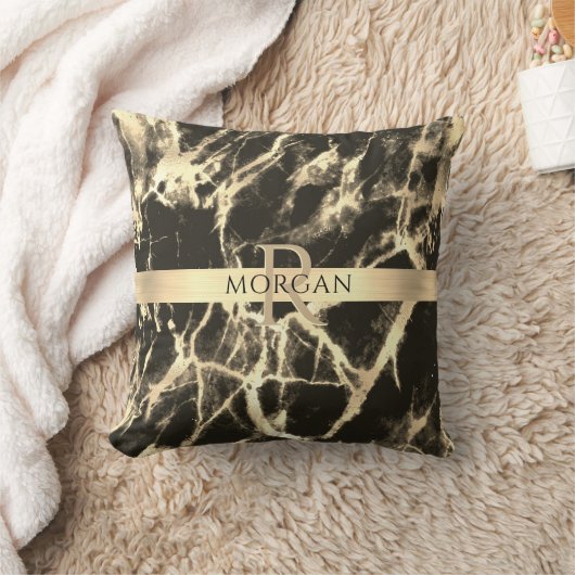ブラック&金ゴールド大理石、ストライプ金ゴールド、名前&モノグラム クッション (ブランケット)