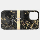 ブラック&金ゴールド大理石、金ゴールドバー、ホワイトネームモノグラム iPhoneケース (裏面横)