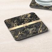 ブラック&金ゴールド大理石、金ゴールドバー、DIY名前&モノグラム コースター (左側)