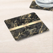 ブラック&金ゴールド大理石、金ゴールドバー、DIY名前&モノグラム スクエアペーパーコースター (アングル)