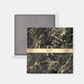 ブラック&金ゴールド大理石、金ゴールドバー、DIY名前&モノグラム マグネット (正面/裏面)