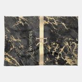 ブラック&金ゴールド大理石、金ゴールドモノグラム、名前&ストライプ キッチンタオル (横)