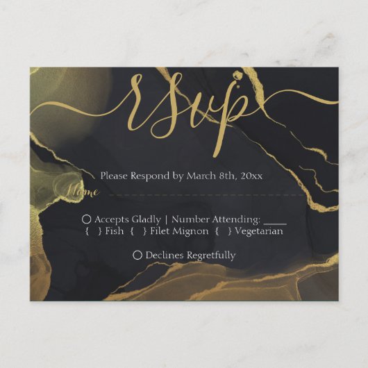 ブラック&金ゴールド大理石RSVPポストカード ポストカード (正面)
