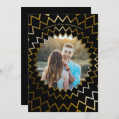 ブラック&金ゴールド幾何学的スターバストフォト結婚ズ 招待状 (正面/裏面)