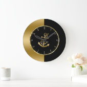 ブラック&金ゴールド幾何学的デザインとボートいかり ラージ壁時計 (ホーム)