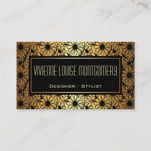 ブラック&金ゴールド愛らしい花柄の名刺 名刺 (正面)