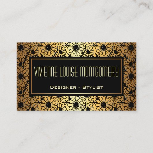 ブラック&金ゴールド愛らしい花柄の名刺 名刺 (正面)