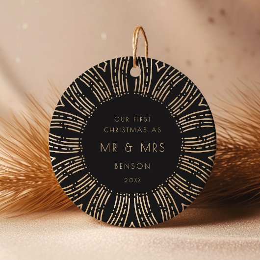 ブラック&金ゴールド日が差すことアールデコ当社の初めてのクリスマス セラミックオーナメント