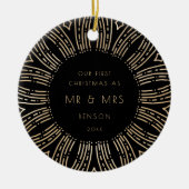 ブラック&金ゴールド日が差すことアールデコ当社の初めてのクリスマス セラミックオーナメント (正面)