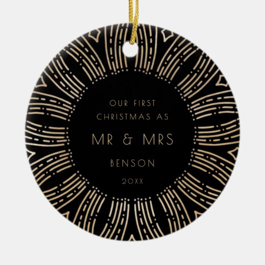 ブラック&金ゴールド日が差すことアールデコ当社の初めてのクリスマス セラミックオーナメント (正面)