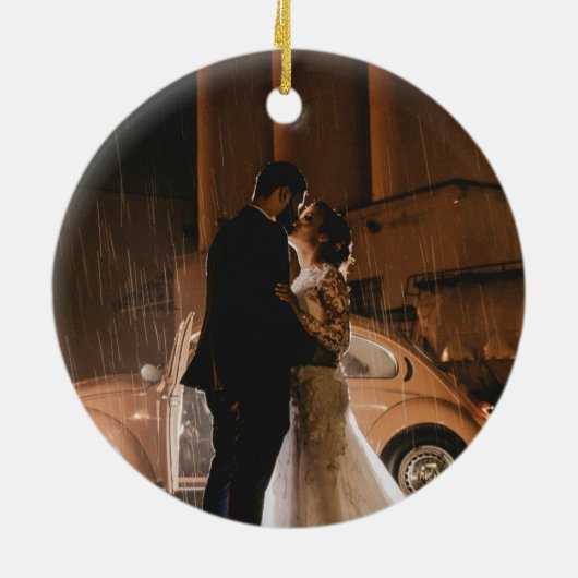 ブラック&金ゴールド日が差すことアールデコ当社の初めてのクリスマス セラミックオーナメント (裏面)