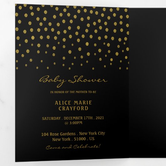 ブラック&金ゴールド水玉模様ベビーシャワースイート 三つ折り招待状 (内部最初)
