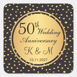 ブラック&金ゴールド水玉模様結婚50周年 スクエアシール