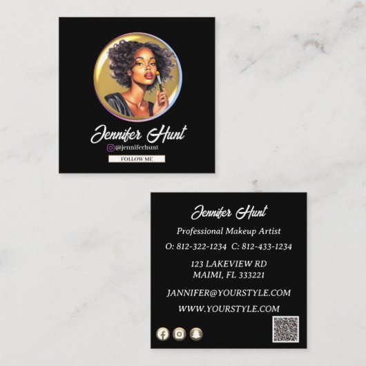 ブラック&金ゴールド水色Instagram名刺 スクエア名刺 (正面/裏面)