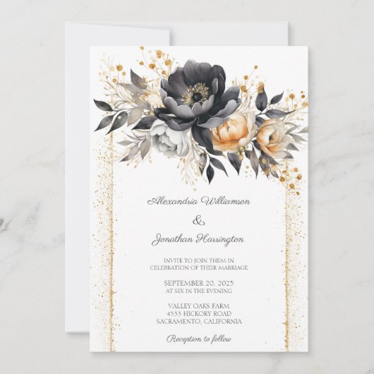 ブラック&金ゴールド牡丹とグリッター結婚効果 招待状 (正面)
