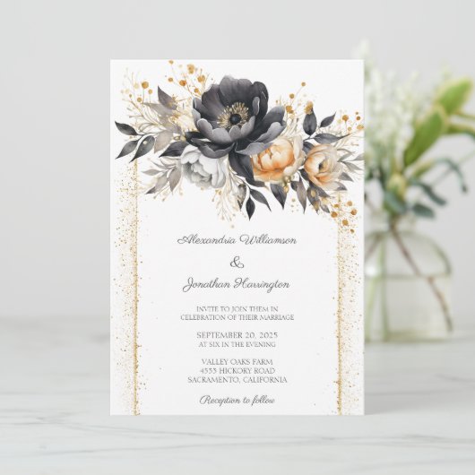 ブラック&金ゴールド牡丹とグリッター結婚効果 招待状 (スタンド正面)