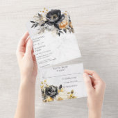 ブラック&金ゴールド牡丹オンマーブル オールインワン招待状 (貼ってはがせる)