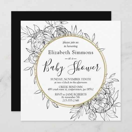 ブラック&金ゴールド牡丹モダンフローラトイレベビーシャワー 招待状 (正面/裏面)