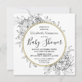 ブラック&金ゴールド牡丹モダンフローラトイレベビーシャワー 招待状 (正面)