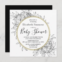 ブラック&金ゴールド牡丹モダンフローラトイレベビーシャワー 招待状