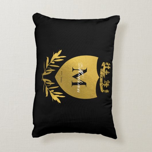 ブラック&金ゴールド王室のエンブレムシールドモノグラム アクセントクッション (裏面(縦))