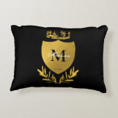 ブラック&金ゴールド王室のエンブレムシールドモノグラム アクセントクッション (裏面)