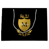 ブラック&金ゴールド王室のエンブレムシールドモノグラム ラージペーパーバッグ (正面)