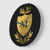 ブラック&金ゴールド王室のエンブレムシールドモノグラム ラージ壁時計 (傾斜)
