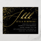 ブラック&金ゴールド紙吹雪スクリプトサプライズパーティー 箔招待状ポストカード (正面)