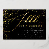 ブラック&金ゴールド紙吹雪スクリプトサプライズパーティー 箔招待状 (正面)