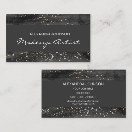 ブラック&金ゴールド紙吹雪スターメイクアップアーティスト 名刺 (正面/裏面)