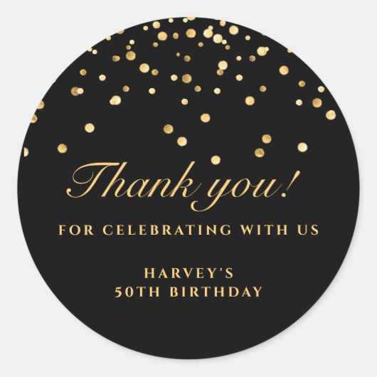 ブラック&金ゴールド紙吹雪誕生日ステッカー、ありがとう ラウンドシール (正面)