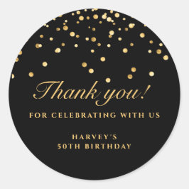 ブラック&金ゴールド紙吹雪誕生日ステッカー、ありがとう ラウンドシール