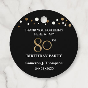 ブラック&金ゴールド紙吹雪80th Birthday Party フェイバータグ