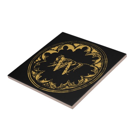 ブラック&金ゴールド素朴ヴィンテージ動揺してモノグラム タイル (側面)