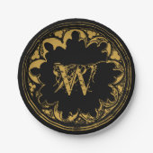 ブラック&金ゴールド素朴ヴィンテージ動揺してモノグラム ペーパープレート (正面)