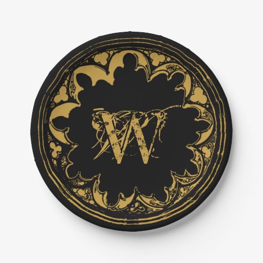 ブラック&金ゴールド素朴ヴィンテージ動揺してモノグラム ペーパープレート (正面)