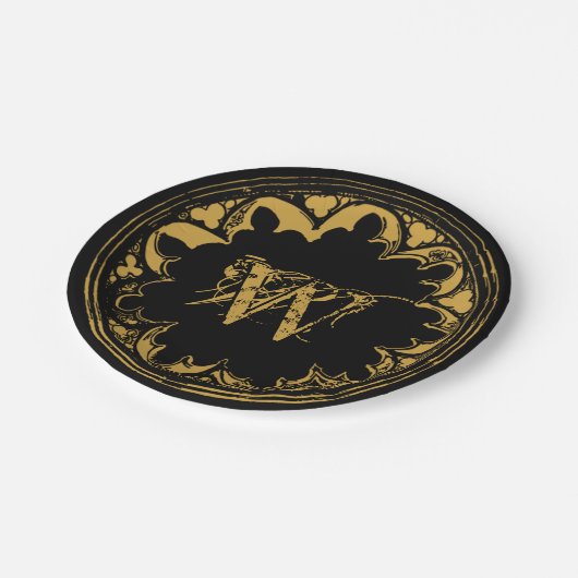 ブラック&金ゴールド素朴ヴィンテージ動揺してモノグラム ペーパープレート (アングル)