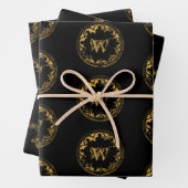 ブラック&金ゴールド素朴ヴィンテージ動揺してモノグラム ラッピングペーパーシート (インサイチュ)