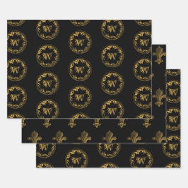 ブラック&金ゴールド素朴ヴィンテージ動揺してモノグラム ラッピングペーパーシート