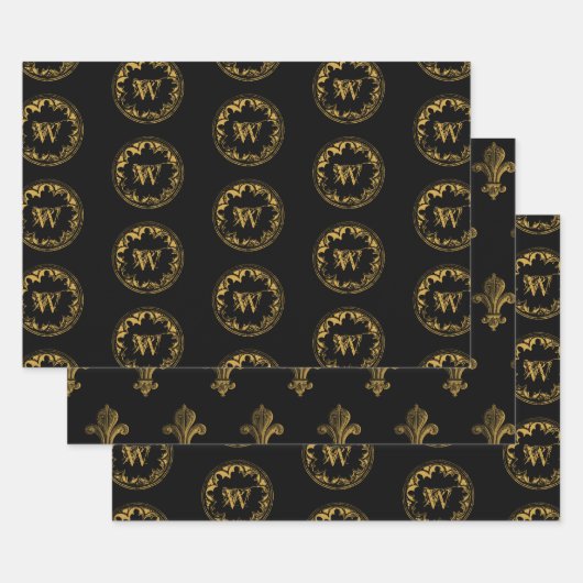 ブラック&金ゴールド素朴ヴィンテージ動揺してモノグラム ラッピングペーパーシート (セット)