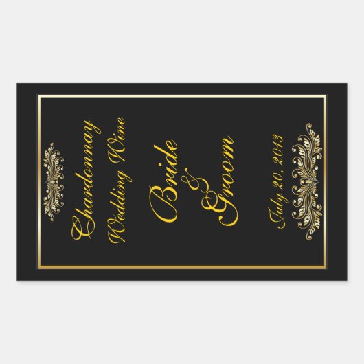 ブラック&金ゴールド結婚のワインラベルシール 長方形シール (正面)
