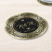 ブラック&金ゴールド結婚の記念日 ラウンドペーパーコースター (アングル)