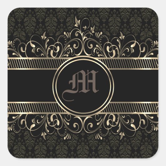 ブラック&金ゴールド華美ゴシックモノグラムの スクエアシール (正面)